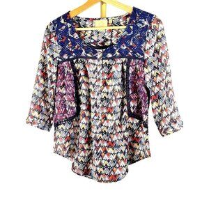 Anthropologie Vanessa Virginia Boho 3/4 Sleeve Multicolor Blouse Sz 2P EUC
